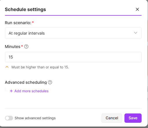 Make's Schedule settings dialog: run at regular intervals, Minutes set to 15, with a note that the value must be higher than or equal to 15