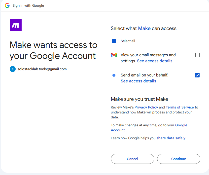 Google's consent screen for Make with both Gmail permission checkboxes; in our failed test only the send permission was ticked