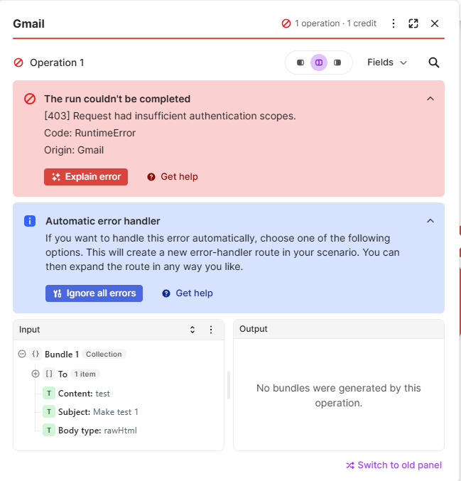 The Gmail module in Make showing the error: [403] Request had insufficient authentication scopes
