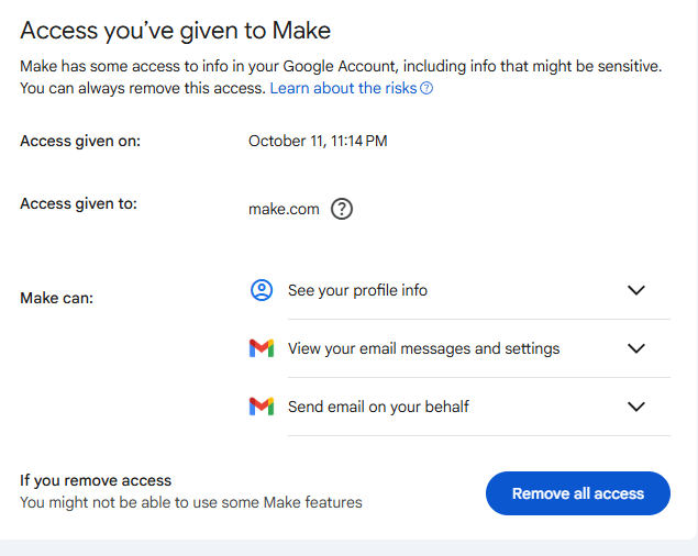 Google account page for Make listing both Gmail permissions as granted