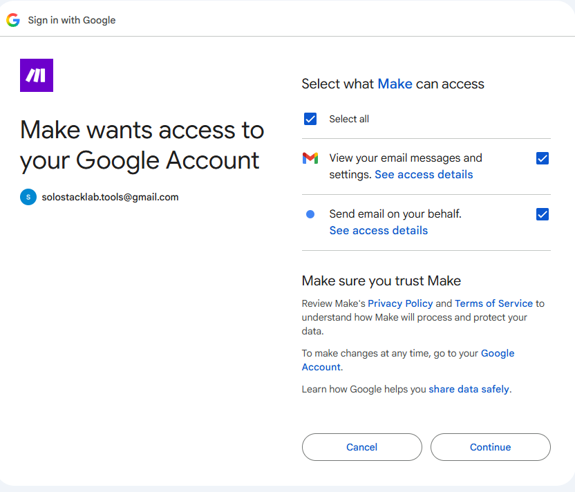 Google's consent screen shown again after removing access, with both Gmail permissions selected