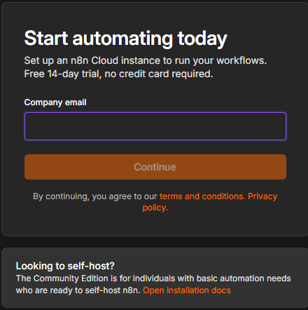 n8n Cloud signup box reading 'Start automating today', 'Free 14-day trial, no credit card required', with a Company email field and a Continue button