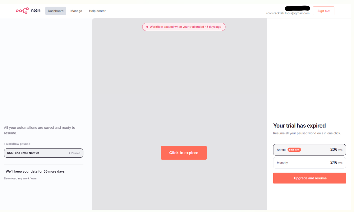 n8n Cloud dashboard after the trial ended: 'Workflow paused when your trial ended 45 days ago', one paused workflow named RSS Feed Email Notifier, 'We'll keep your data for 55 more days', and an upgrade box with Annual 20 euros a month and Monthly 24 euros a month
