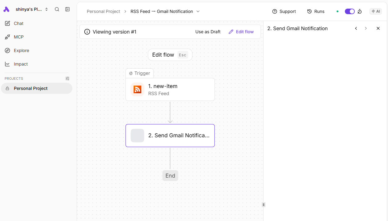 Activepieces builder for the flow 'RSS Feed - Gmail Notification' with the trigger set up and the Send Gmail Notification step's settings panel completely blank