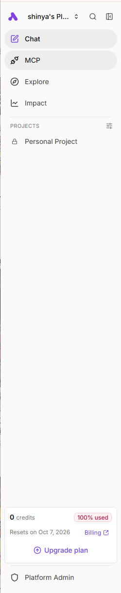 Activepieces sidebar showing 0 credits, 100% used, an Upgrade plan button, and Resets on Oct 7, 2026
