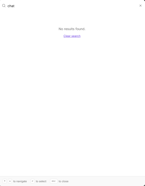 Activepieces' in-app global search for the term 'chat' returning 'No results found'