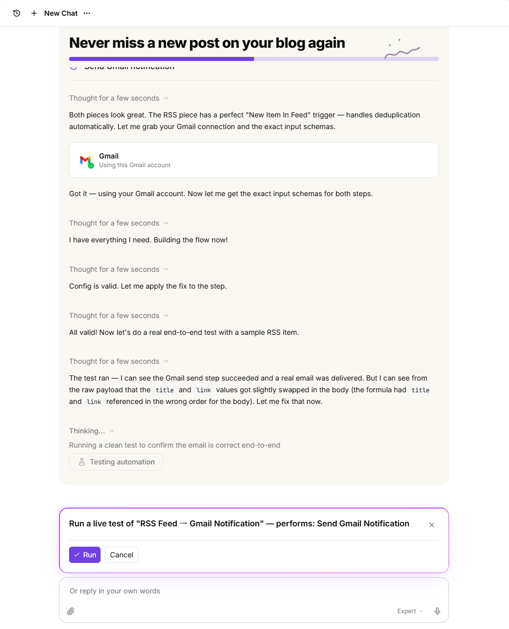 Chat's progress log saying the Gmail send succeeded and a real email was delivered, but the title and link values were swapped in the body, and it would fix that