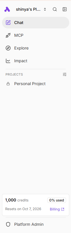 Activepieces sidebar with a new Chat entry above MCP, Explore and Impact, and a credit box reading 1,000 credits, 0% used, resets on Oct 7, 2026
