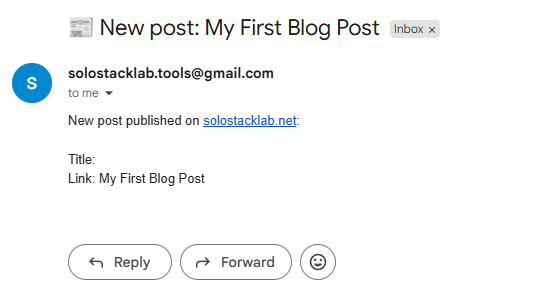 A test email from Chat's flow: subject 'New post: My First Blog Post', body 'New post published on solostacklab.net:' then an empty 'Title:' line and 'Link: My First Blog Post'