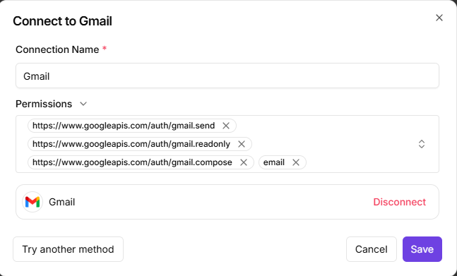 Activepieces' Gmail connection dialog with the Permissions section expanded, showing four requested OAuth scopes: gmail.send, gmail.readonly, gmail.compose, and email