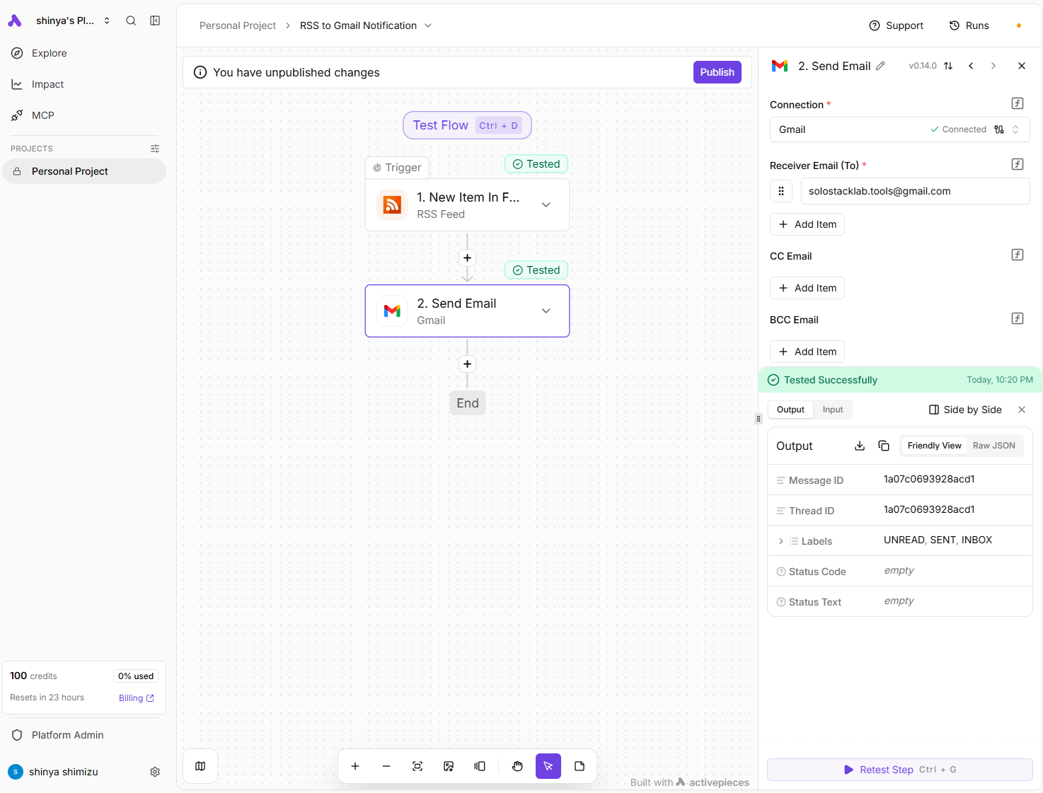 Activepieces builder showing the Send Email step's Gmail API output (a real message ID, thread ID, and SENT/INBOX labels) alongside the account's credit panel showing 100 credits with 0% used