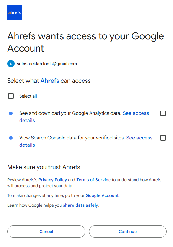 Google's consent screen for Ahrefs listing two separate, unchecked options: see and download Google Analytics data, and view Search Console data for verified sites