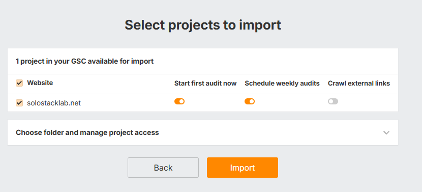 Ahrefs' Select projects to import screen with Start first audit now and Schedule weekly audits pre-enabled and Crawl external links off
