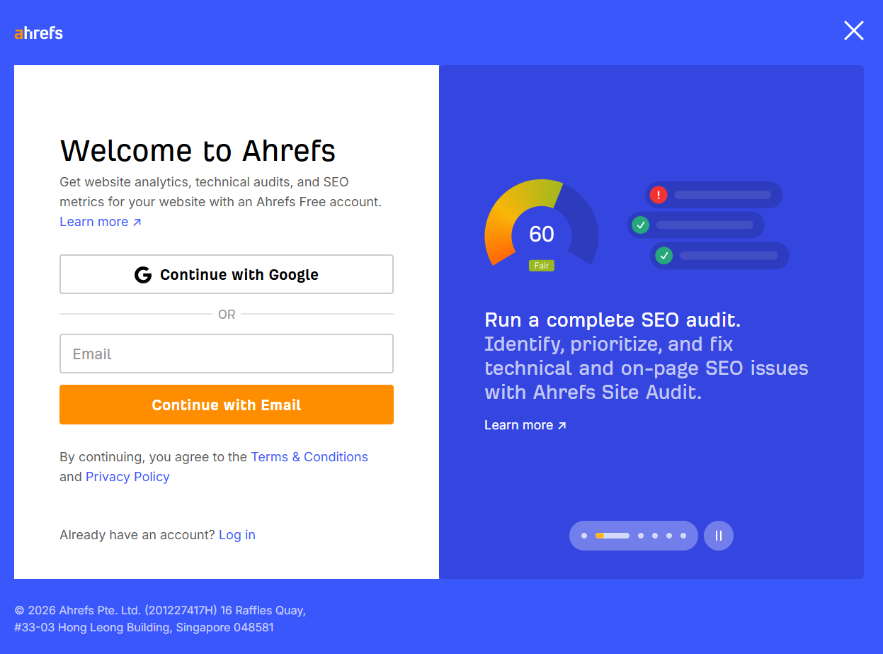 Ahrefs' signup screen offering Continue with Google or an email field, with no payment or card field