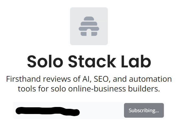 beehiiv's hosted subscribe form stuck on a 'Subscribing...' button with no error message, the entered email address redacted