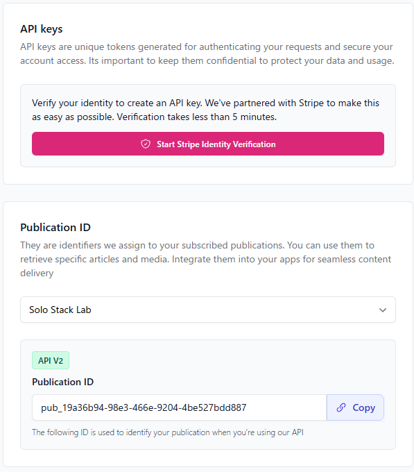 beehiiv's API keys settings page requiring Stripe Identity Verification before an API key can be created