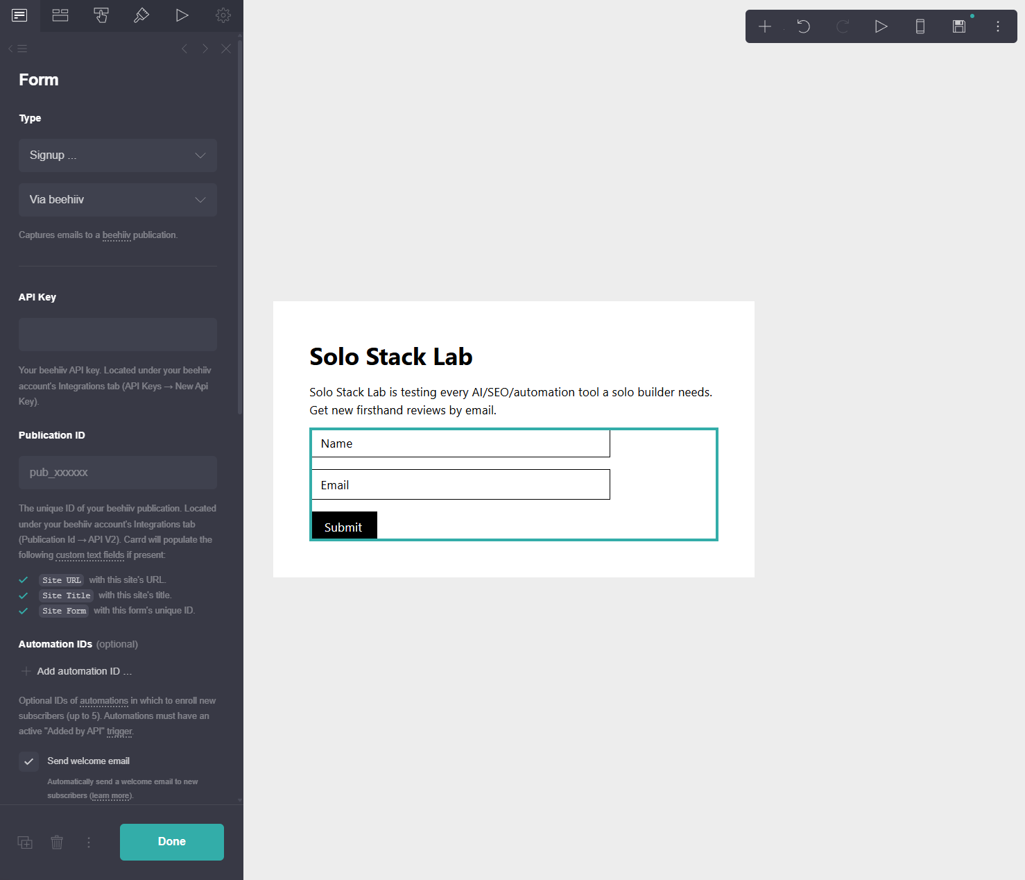 Carrd's Form settings panel set to Signup via beehiiv, asking for a beehiiv API Key and Publication ID