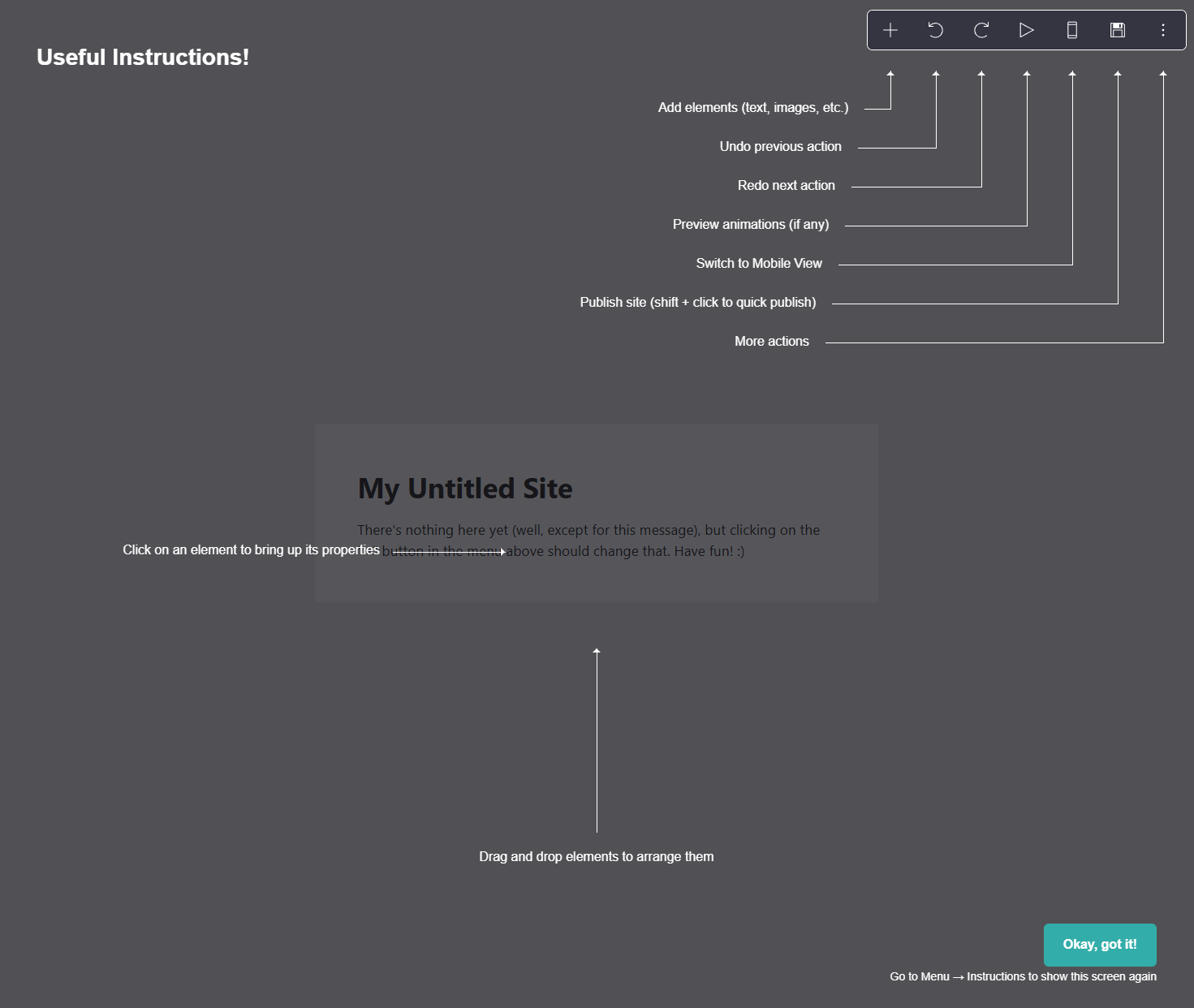 Carrd's site editor open with a tutorial overlay labeling each toolbar icon, reached with no signup or account creation