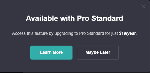 Carrd's Available with Pro Standard upgrade prompt appearing when clicking Embed during an active Pro trial, asking to upgrade for $19 per year