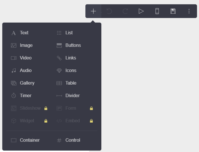 Carrd's add-element menu showing Slideshow, Form, Widget, and Embed grayed out with padlock icons on the free plan