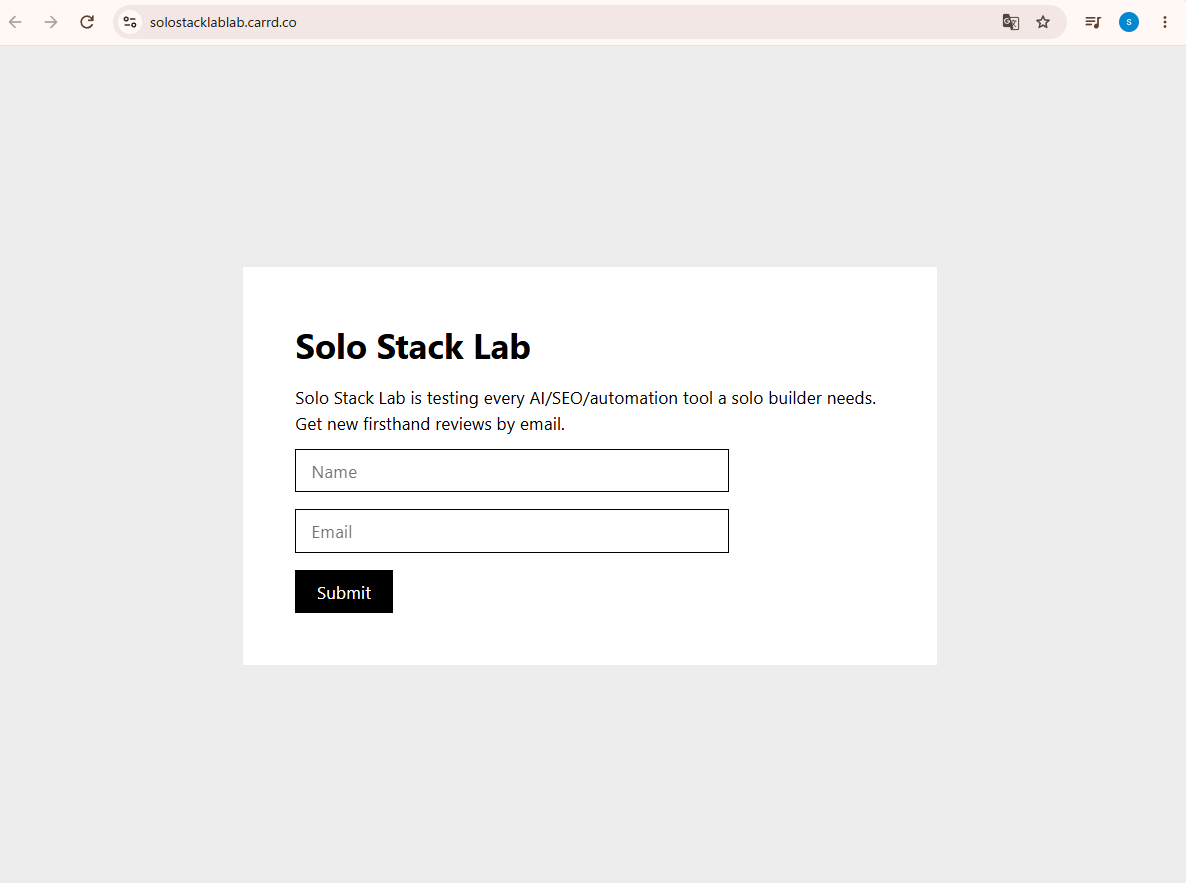 The published Carrd landing page live at solostacklablab.carrd.co with no Made with Carrd footer branding