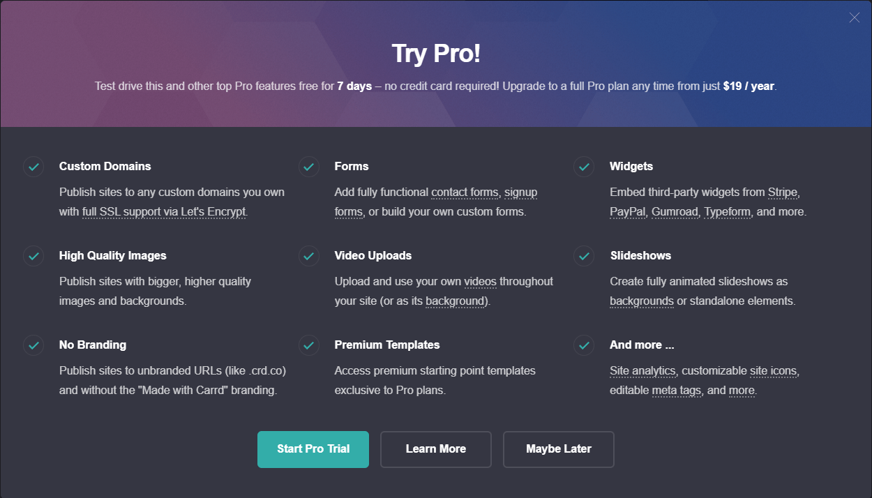 Carrd's Try Pro upsell modal listing Custom Domains, Forms, Widgets, Video Uploads, Slideshows, and No Branding as included in the 7-day free trial with no credit card required