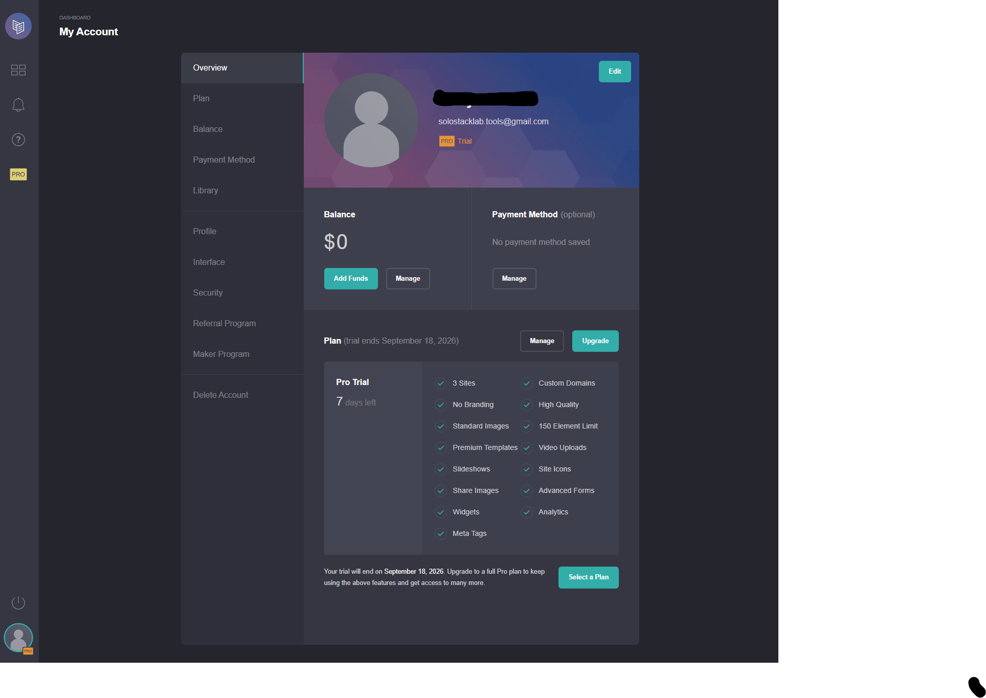 Carrd account Plan page showing the Pro Trial feature checklist including Widgets but with no Embeds entry, name redacted