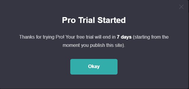 Carrd's Pro Trial Started confirmation stating the 7-day free trial will begin from the moment the site is published