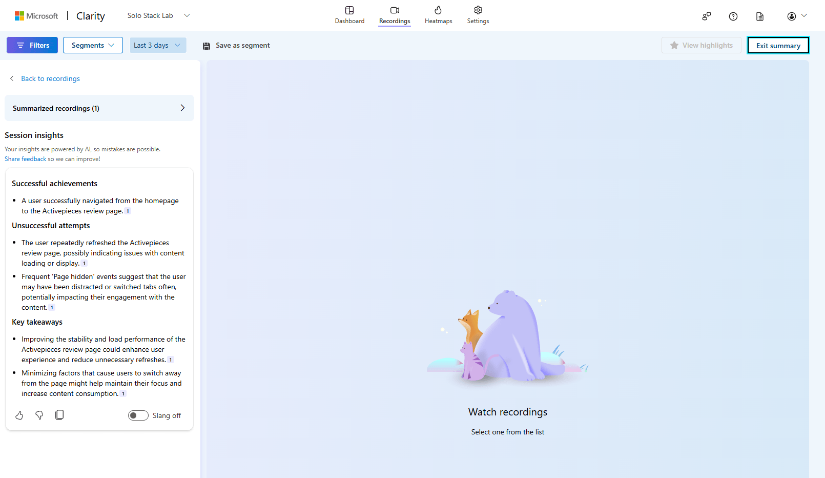 Clarity's AI-generated session summary claiming a user 'repeatedly refreshed the Activepieces review page, possibly indicating issues with content loading' and 'may have been distracted or switched tabs often' - actually just automated dev-server testing traffic