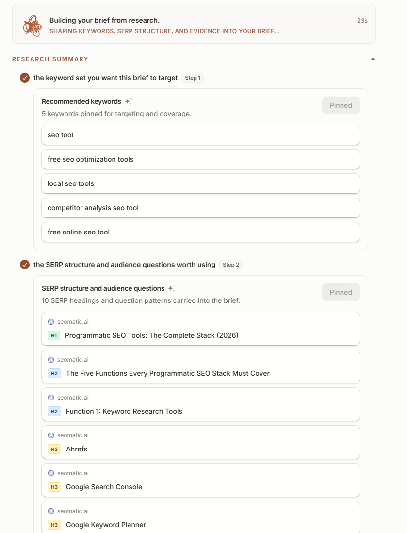 Frase’s research summary showing recommended target keywords and SERP headings pulled from a currently-ranking competitor page