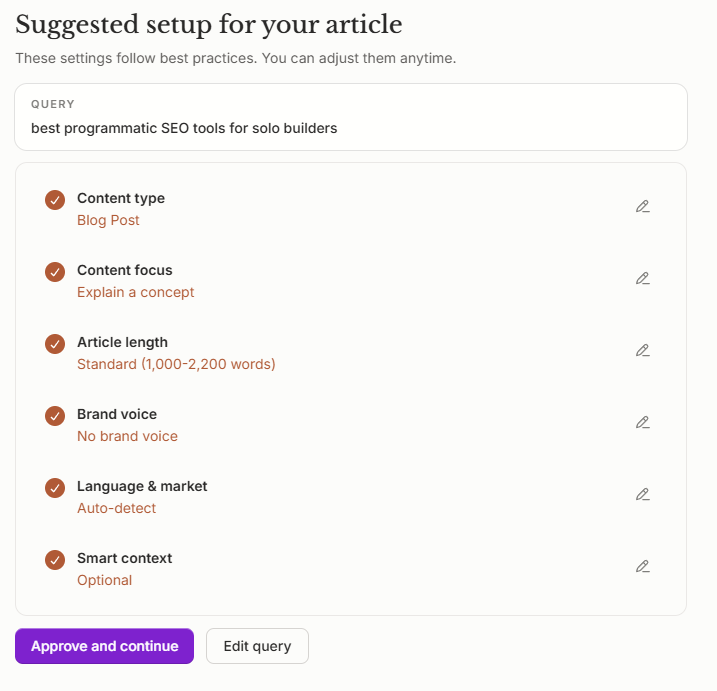 Frase’s article setup screen showing content type, focus, length, and tone options for the query “best programmatic SEO tools for solo builders”