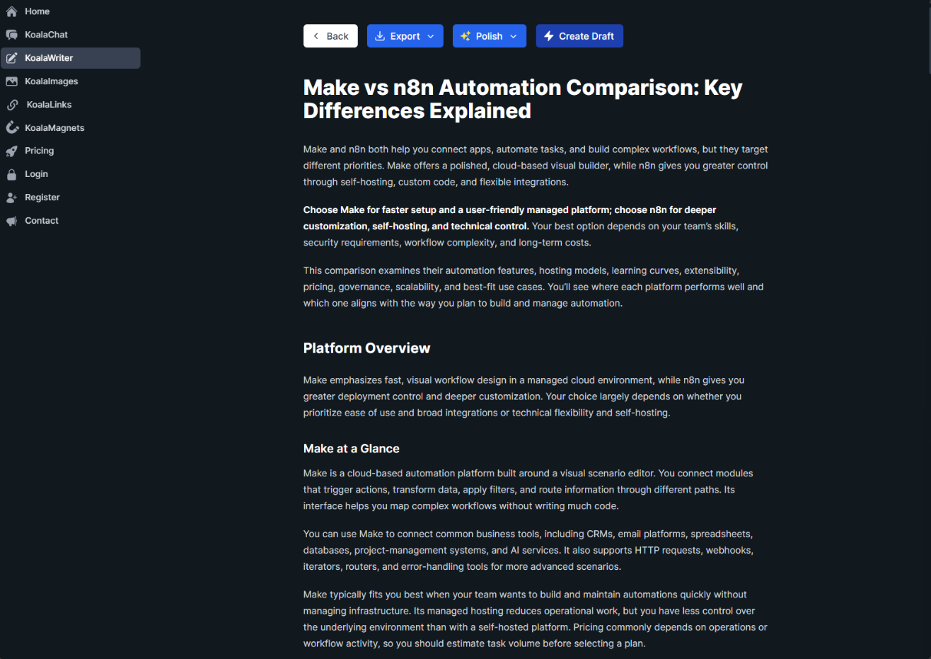 KoalaWriter's generated article titled "Make vs n8n Automation Comparison: Key Differences Explained," showing the intro paragraph and a bolded takeaway sentence
