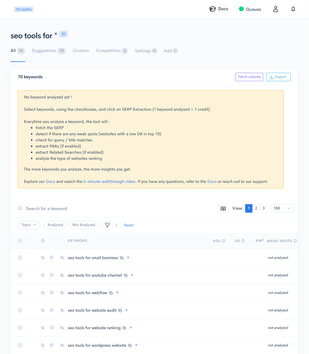 LowFruits keyword list of 70 ideas, all marked not analyzed, under a note saying each keyword analysed costs one credit and describing what the analysis fetches