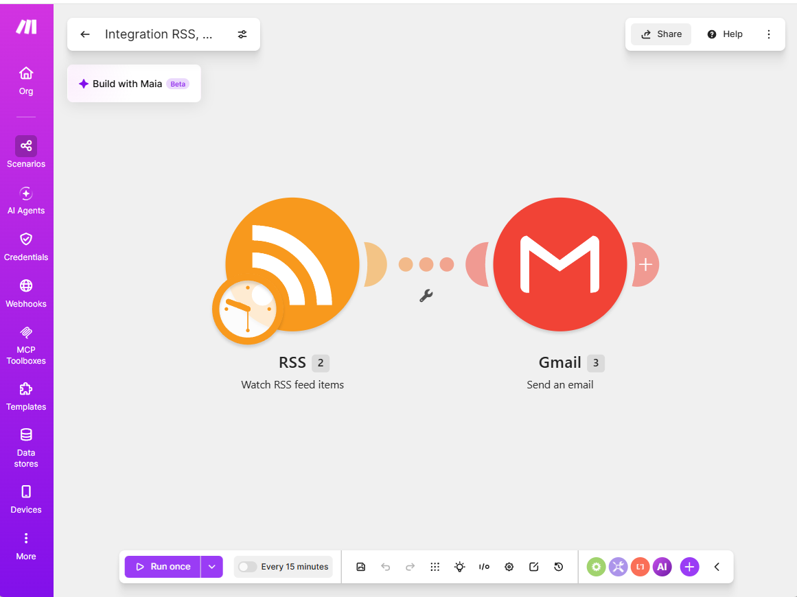The finished RSS-to-Gmail scenario in Make’s visual builder, showing the RSS trigger connected to a Gmail send action