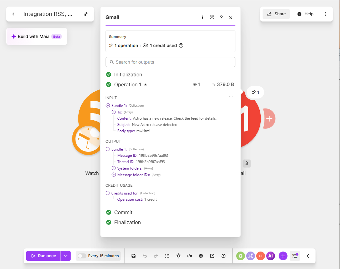 Make’s isolated “Run this module” test showing a successful Gmail send, with the message ID and output data from the actual run