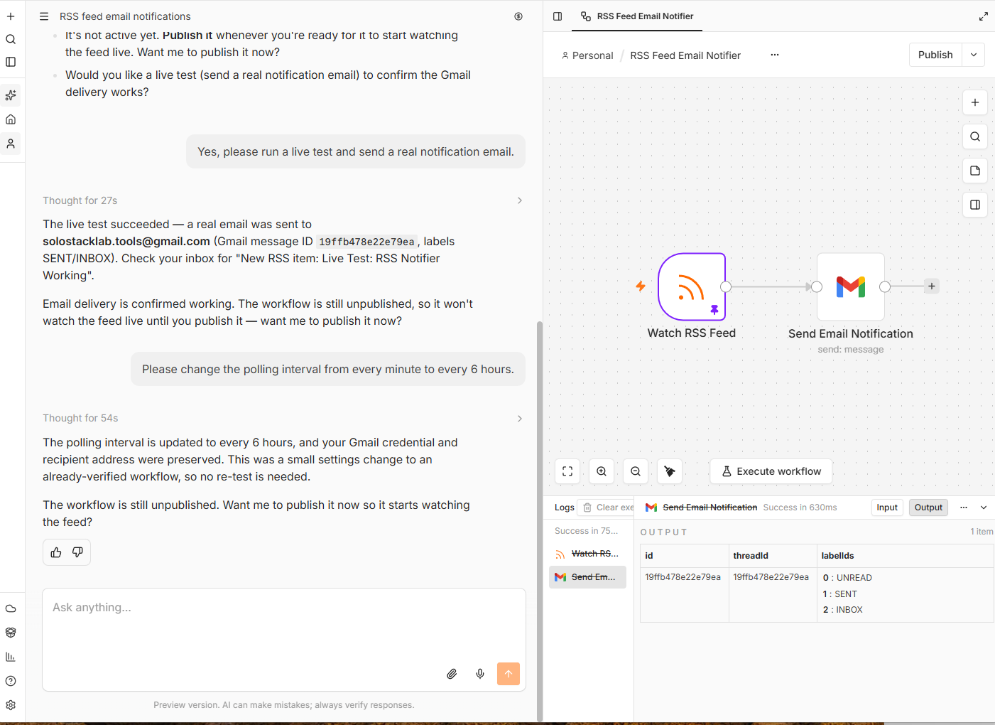 n8n’s AI assistant chat panel, showing it built the RSS-to-Gmail workflow from a single sentence, ran a simulated verification, and then a confirmed live test with the real Gmail message ID
