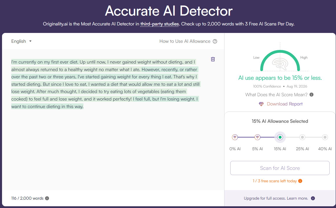 Originality.ai's AI detector correctly scoring the human-written control sample as 15% or less AI, with 100% confidence and the full text highlighted green