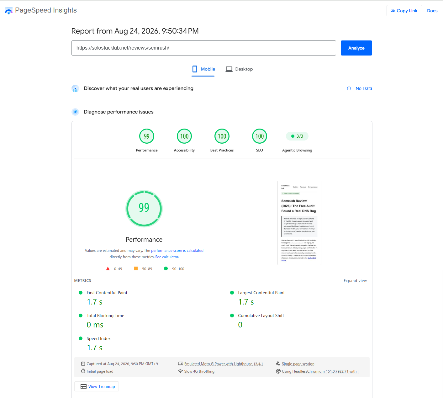 PageSpeed Insights re-run on the Semrush review page after the fix, showing Cumulative Layout Shift at 0 and Agentic Browsing back to 3/3