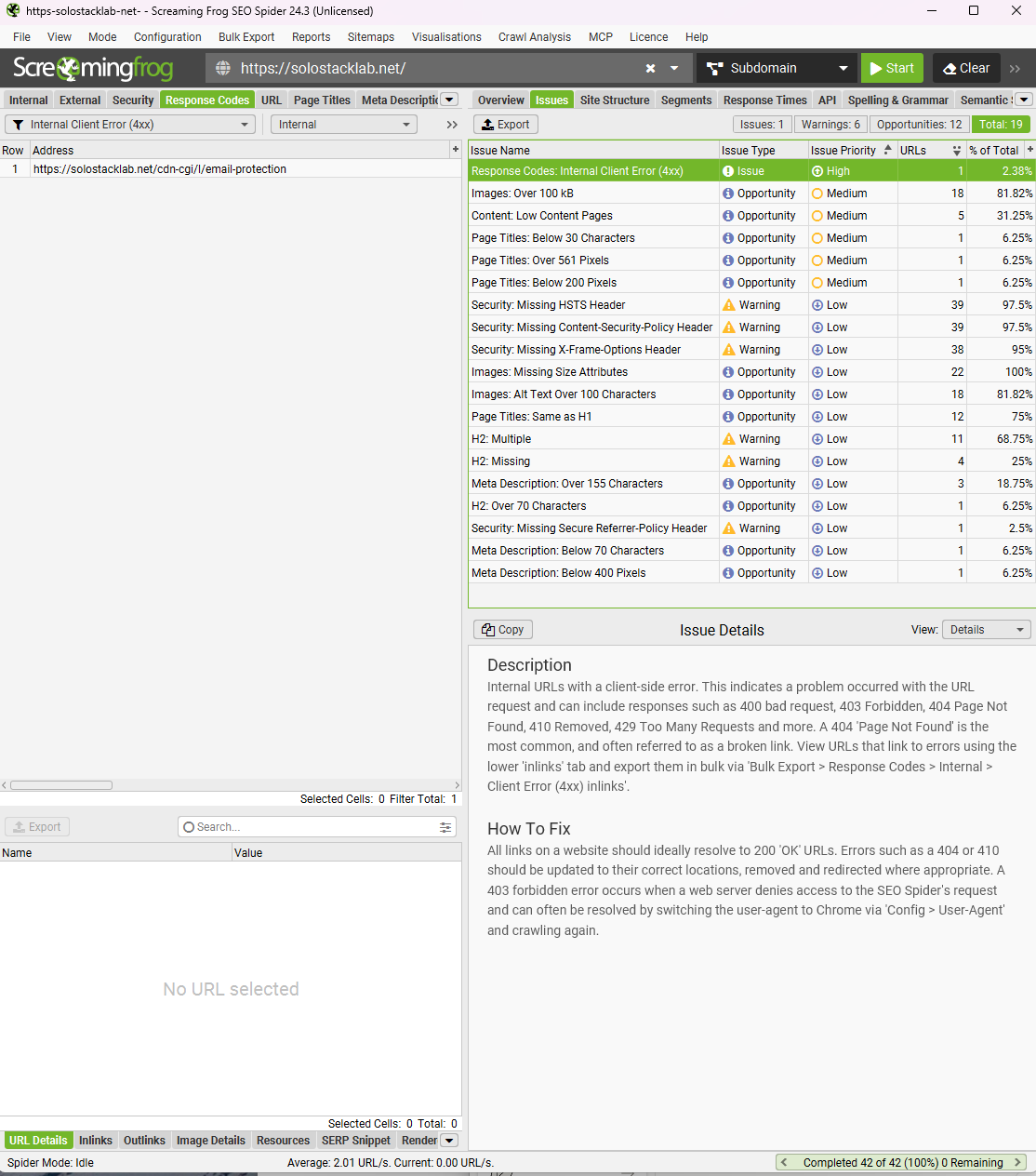 Screaming Frog's Issues tab showing a High-priority "Response Codes: Internal Client Error (4xx)" finding for /cdn-cgi/l/email-protection