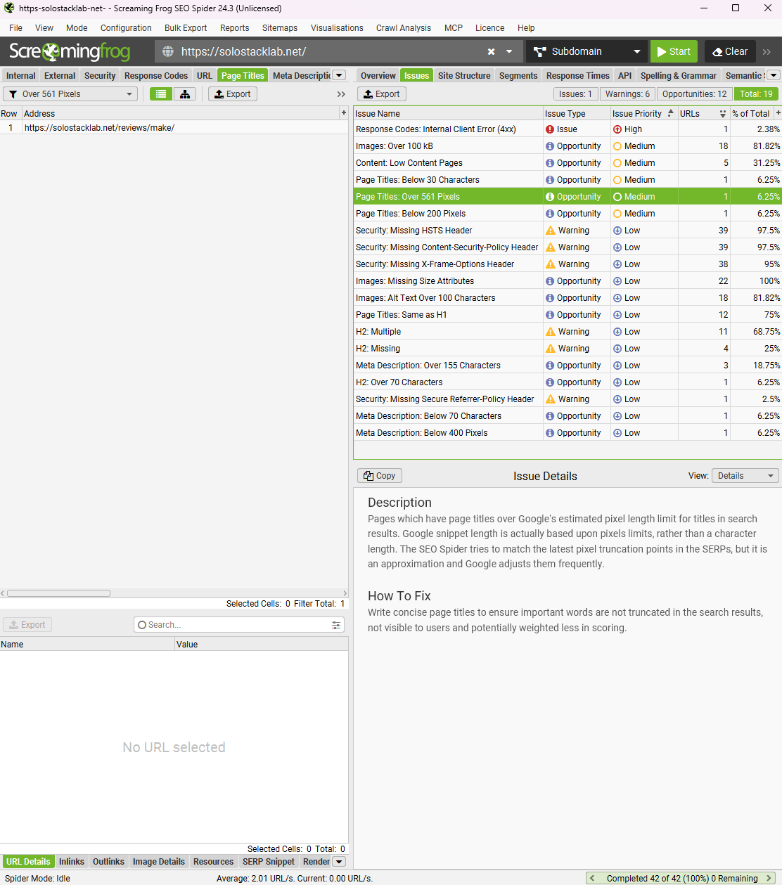 Screaming Frog's Page Titles issue detail showing "Over 561 Pixels" flagged for the Make review, with an explanation that Google's real limit is pixel-based, not character-based