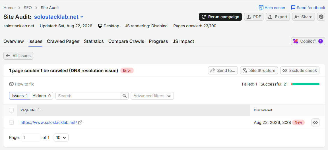 Semrush's DNS resolution issue detail showing https://www.solostacklab.net/ failed to crawl, discovered Aug 22, 2026